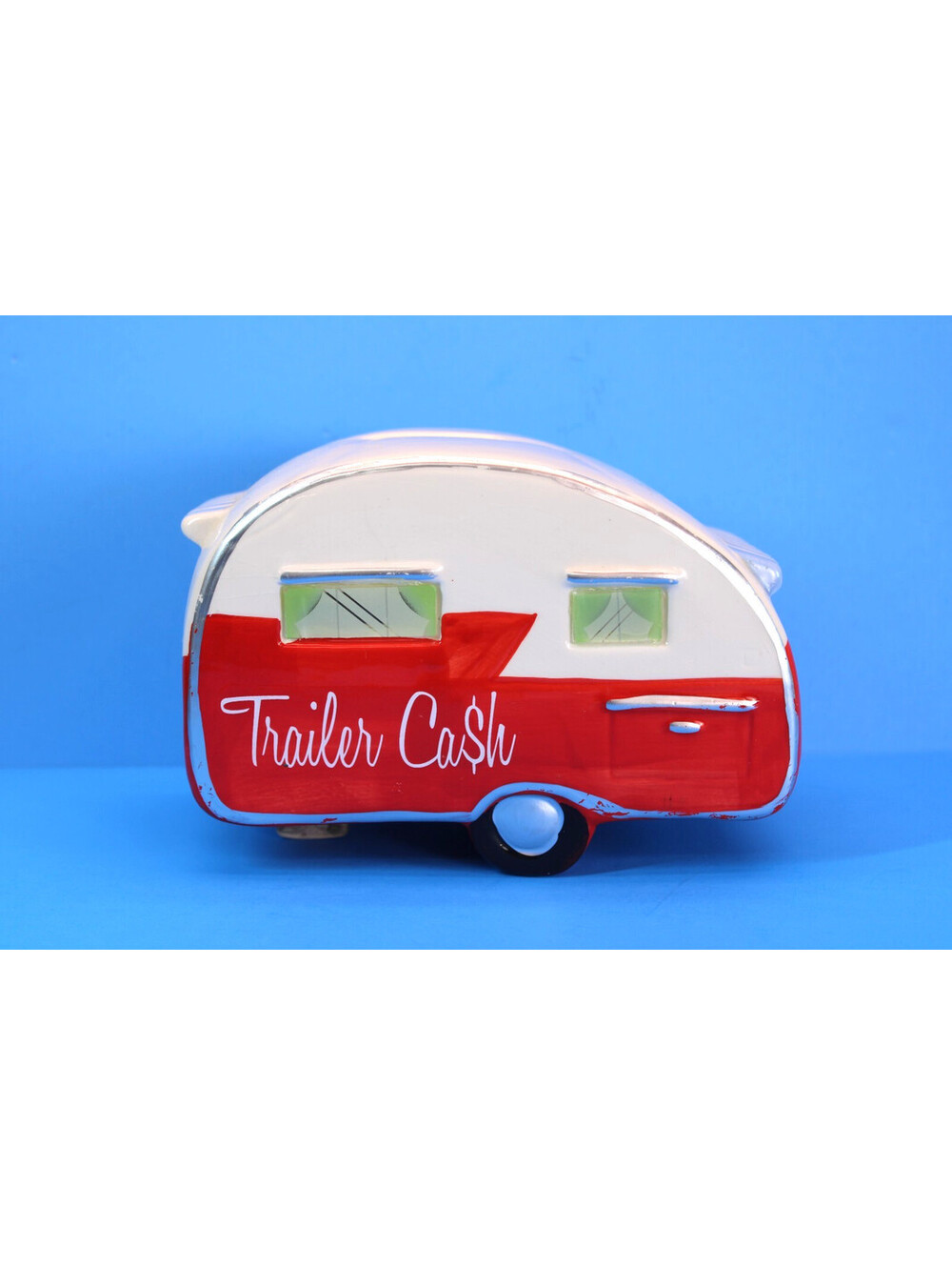 Vtg "Trailer Cash' Piggy Bank Retro MC Trailer w Plug Slot 4 Bills RV4ME